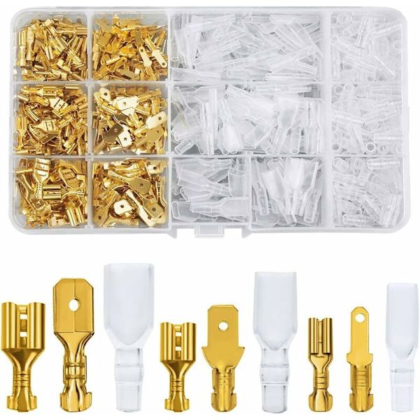 480 stk Flat Socket, 2.8mm 4.8mm 6.3mm Hann og Hunn Flat Plugg Terminal Spade Kabel Lugs med Isolerende Hylsen Sortimentsett (Gull)