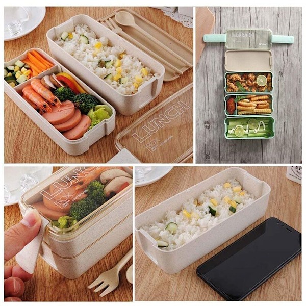 Japansk Madpakke Bento Box, 3 i 1 Rum, Hvedehalm, Miljøvenlig Bento Box Madlavningsbeholdere Beige