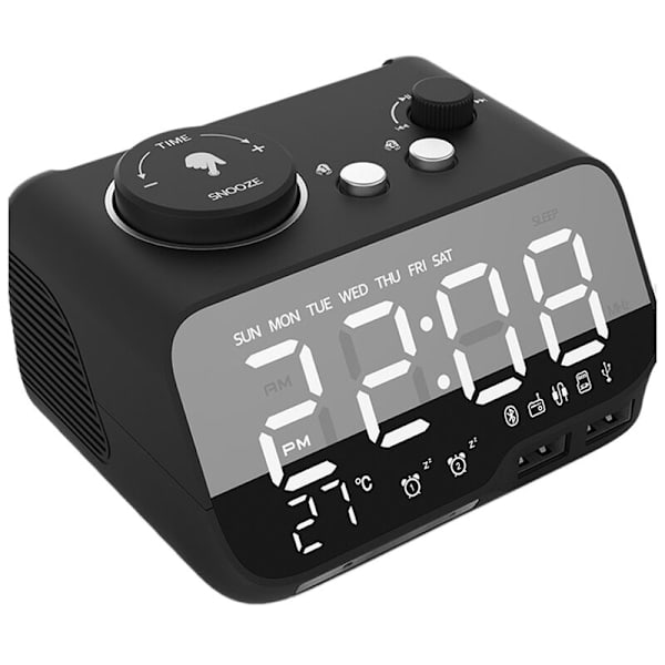 Digital väckarklocka Bluetooth-högtalare FM-radio Temperatur Ljusstyrka Dimmer Timer Klocka Svart-EU-kontakt