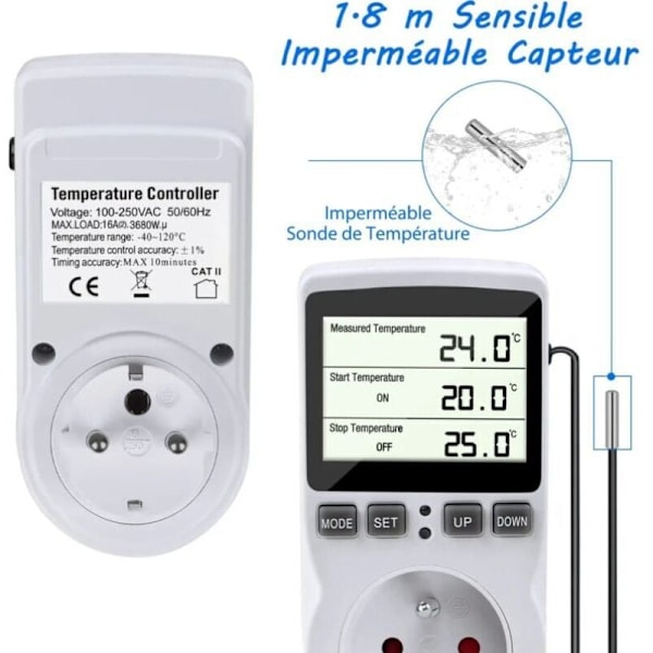 Termostatkontakt, Temperaturregulator, Programmerbar Digital Timer med Sonde, Termostatkontakt Oppvarming Drivhus, Akvarium 1 stk