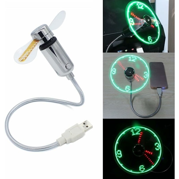 USB-driven klockfläkt, mobil USB-driven handfläkt, mini USB-svanhalsfläkt med LED-lampa för realtidsvisning för bärbar dator och PC - flexibel USB-klockfläkt
