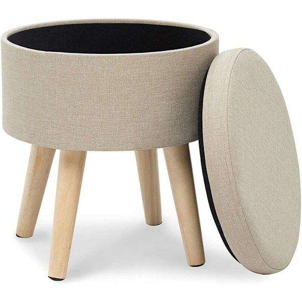 Suhu Ottoman Puff Fotölj Rund Puff Förvaringsfåtölj Linnetyg Fåtölj Låg Klädsel Vardagsrum Design Beige Massiva Träben HIASDFLS