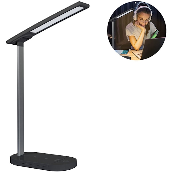 LED-pöytälamppu langattomalla latauksella, silmiä säästävä pöytävalaisin, USB-latausportti, kosketusohjaus makuuhuoneen sängyn vieressä, toimistossa, opiskelussa ja lukemisessa