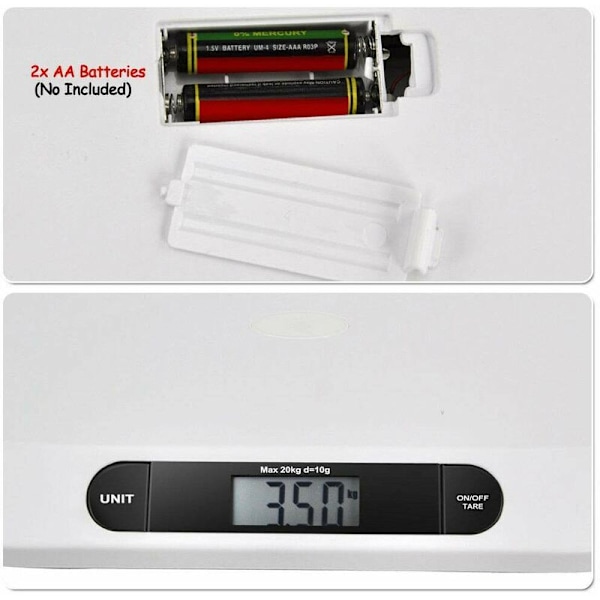 Babyvægt - Op til 20 kg - Elektronisk digitalvægt til små børn/hvalpe/katte - Med LCD-display og tarafunktion,