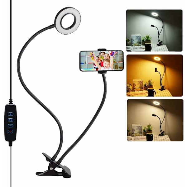 LED-ringlampa, Selfie-ringlampa med telefonhållare, 3 ljuslägen/10 ljusstyrkenivåer, klämma skrivbordslampa för foto/video/porträtt/smink/Youtube/Vlog