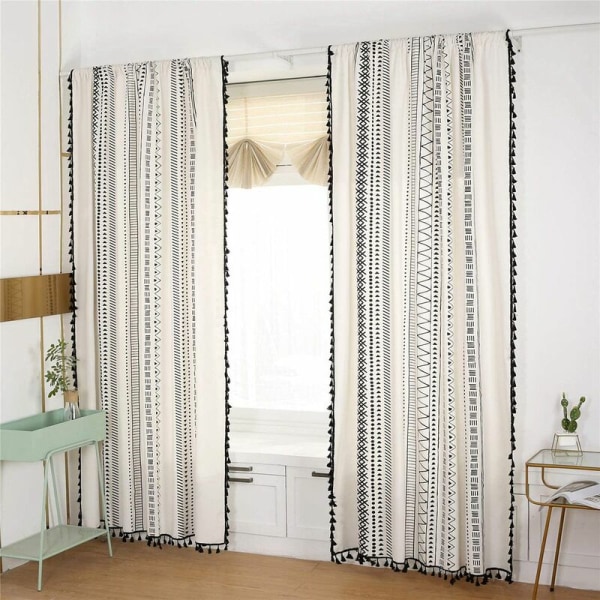 Bohemian Style Sorte Stribede Vinduesgardiner 2 Paneler med Kvast Bomuldslinned Gardin til Soveværelse Stanglomme Top 59X94 Tommer