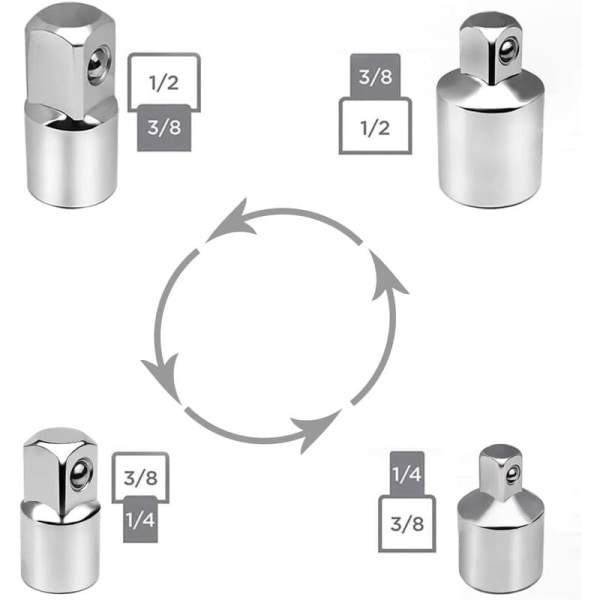 4 stk. adaptersett for skralleadapter, adapter for skralle 1/2\" til 3/8\", 3/8\" til 1/2\", 1/4\" til 3/8\", 3/8\" til 1/4\" reduserende adaptere for stikkontakter og bits