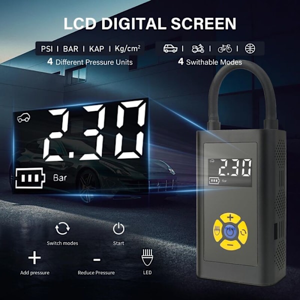 Bärbar Luftkompressor, Däckpump för Bil, 150PSI Sladdlös Elektrisk Pump med Digital LCD-Skärm Typ-C Laddningsbar LED-lampa