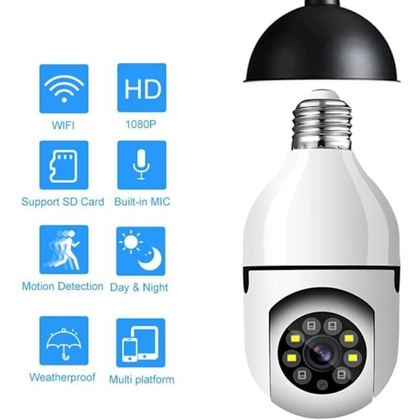 E27-glödlampa kamera, 1080P trådlös PTZ-säkerhetskamera med E27-glödlampsanslutning, 360 graders panorama, automatisk rörelsespårning, nattseende, tvåvägsljud