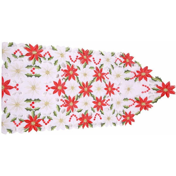 Christmas Embroidered Tablecloth, Luxury Holly Poinsettia Table Cover Suitable for Christmas Decorations, 15 X 70 Inches