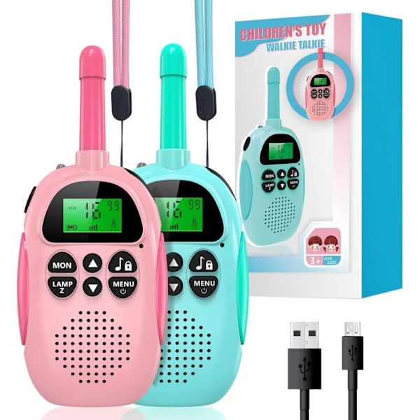 Walkie Talkies för Barn, Laddningsbara Walkie Talkies med 16 Kanaler 2-vägsradio, Bakgrundsbelyst LCD-ficklampa, 3KM för Utomhusäventyr Camping Vandring