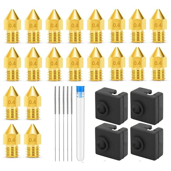 3D-printerdyser 0,4 mm MK8 3 dyser 20 stk. med 4 silikoneovertræk til opvarmning, til 3 V2 med 5 nåle