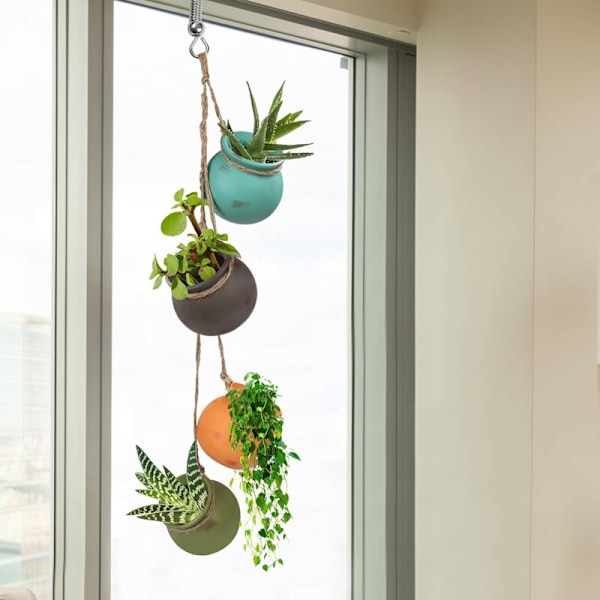 Keramiska Hängande Planterare (4-pack) - Hängande Kruka för Inomhusväxter - Flerfärgad Hängande Vas med Juterop - Perfekt för Inomhus & Utomhus, Heminredning, Rabatt
