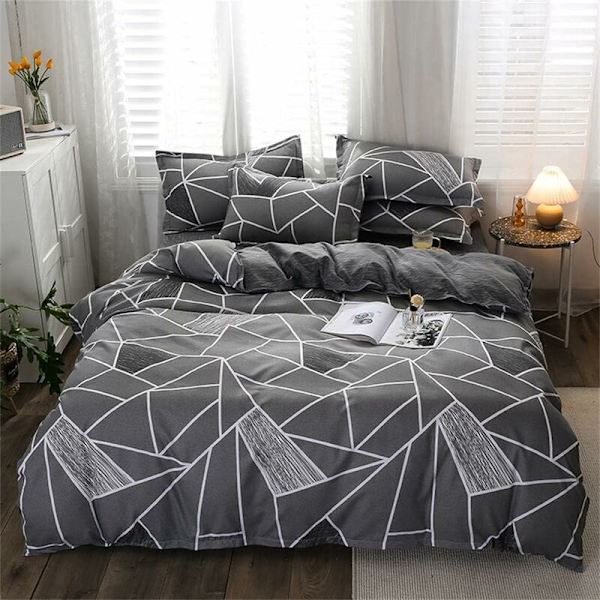 4-delt dynetrekksett 220x240cm med 2 putevar 74x48cm, Voksen mikrofiber polyester sengetøysett med glidelås, grått geometrisk mønster