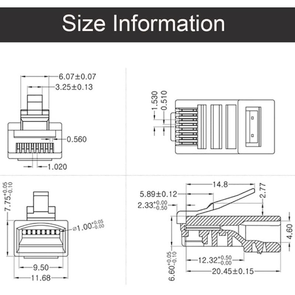 100 st 6U RJ45-kontakt, pläterad eller genomgående Ethernet-kablar, modul RJ-45-nätverksuttag, kristallhuvuden Cat5 Cat5E