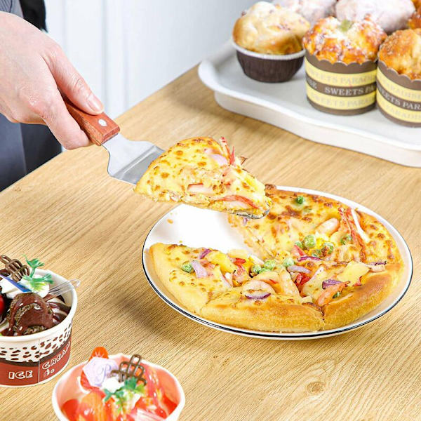 20 pakker treskaft rustfritt stål pizzahåndtak serveringsspade sklisikker trekantspade for desserter