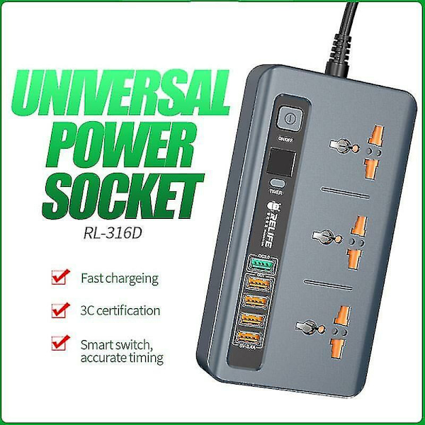 Relife RL-316D 3 Strømuttak 5 USB Hurtigladingsport Intelligent Kontroll Elektrisk Uttak Skrivebord CN