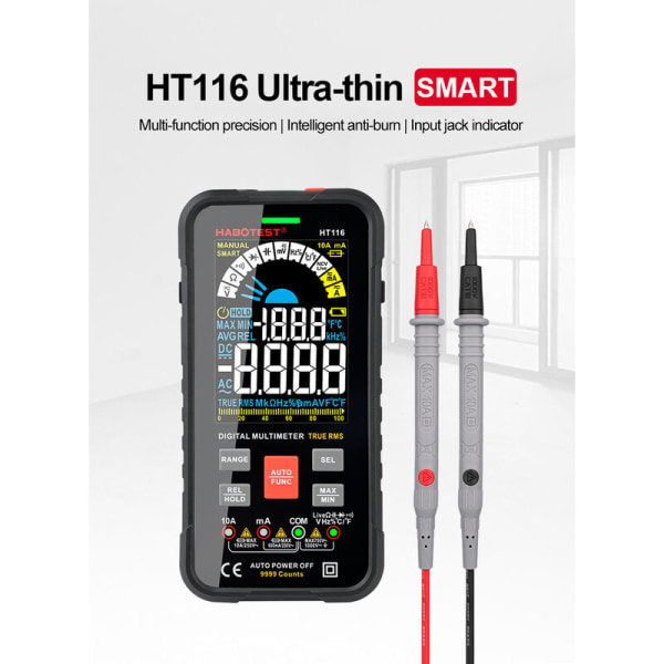 Digitalt multimeter med automatisk rækkevidde 10000 tællinger, digitalt multimeter, amperemeter, ohmmeter, voltmeter, strømstyrkemåling spændingsmodstand kontinuitet