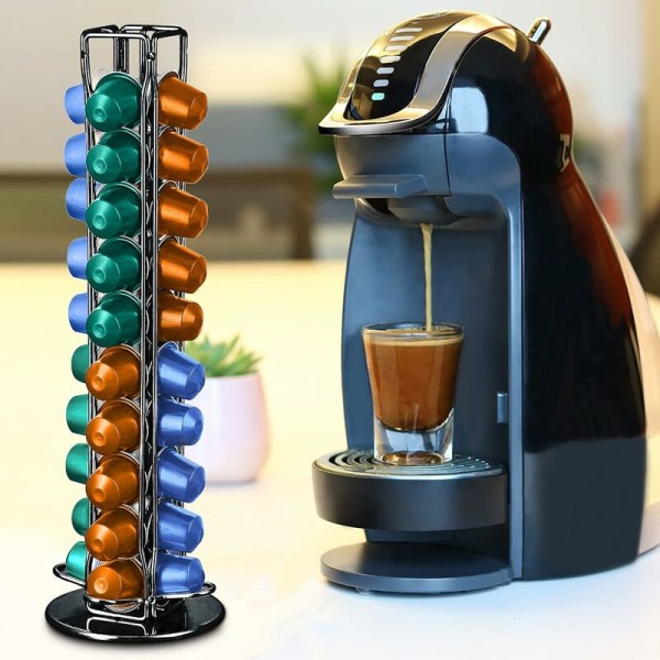 Coffee capsule holder, rotating coffee capsule holder, capsule dispenser, large capacity can hold 40 capsules, made of sturdy metal, chrome wire, du