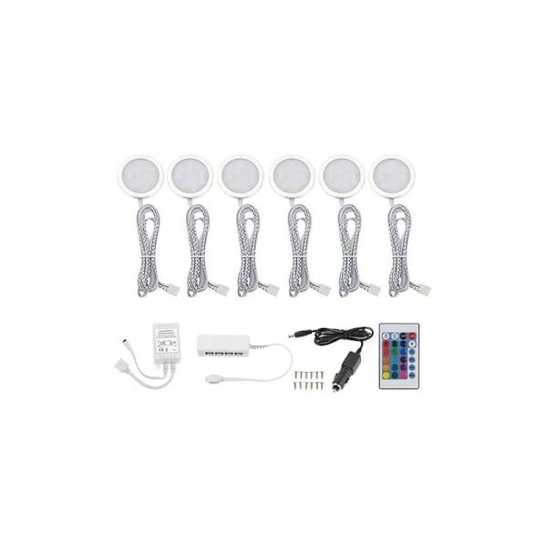 6 stk 12V RGB 7 Farger LED Caravan Innvendig Belysning Taklampe med Fjernkontroll 24 Taster for Bobil Campingvogn Båt Varebil
