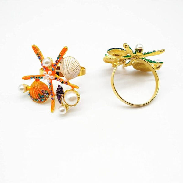 6 stk sett sjøstjerne serviettringer, perle rhinestone nautisk hav serviettringholder for bryllupsfest, borddekor, etc., oransje