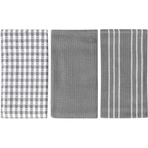 Køkkenhåndklæder, 100% Naturlig Bomuld, Bedste Tehåndklæder, Opvaskehåndklæde, Absorberende og Lintfri, Maskinvaskbar, 18x25 Tommer, 3 Pak, Hvid med Grå Striber