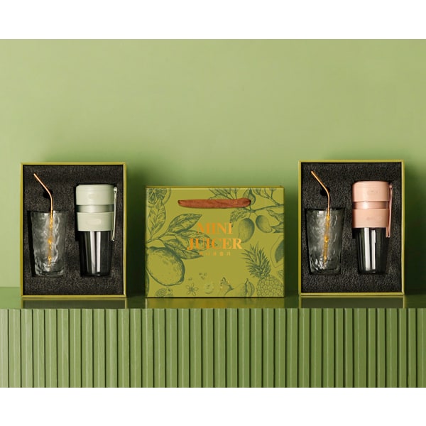 2-delat set rosa och grön multifunktionell juicepress Mini sladdlös elektrisk juicepress on-the-go med frostat glas
