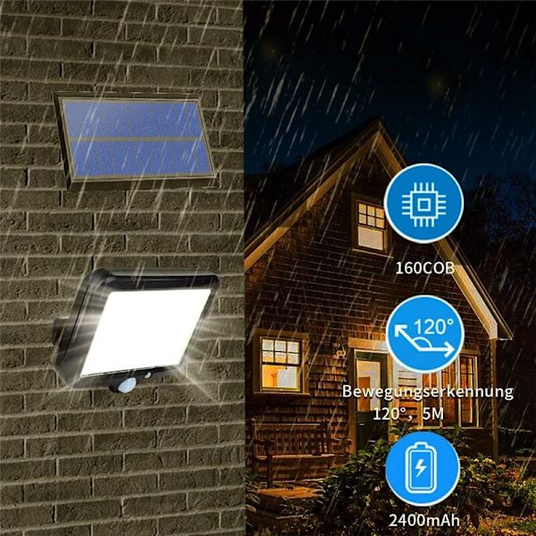 160 COB Solcellslampa Utomhus Rörelsesensor Solljus Vattentät Vägglampa för Trädgård Garage Uppfart Veranda Staket