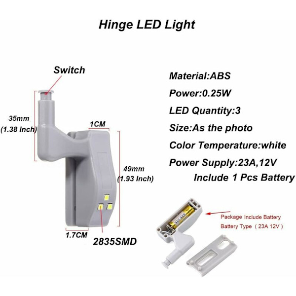 LED-hengslet lys Universal Hjem Kjøkken Kontor Dørlys Hotell Skap Skap Automatisk Bryter Kald Hvit Belysning Lampe Skap Nattlys (Batteri