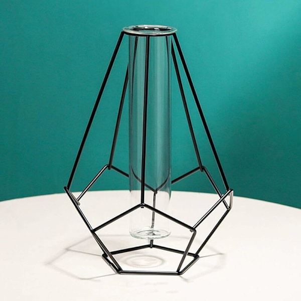 Vas i metallram, geometrisk form glasrör, blomvas för hydroponiska växter, solida terrarium små knoppvaser för kontor hem, geometrisk