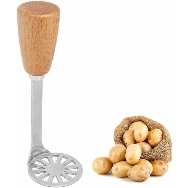 Liten potatispress, potatispress med trähandtag och livsmedelsgodkänd rostfri potatismosare, multifunktionell, 15,3 cm -