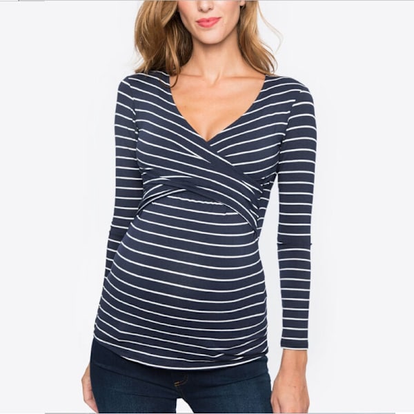 Kvinde Maternity Amning Toppe Langærmet Toppe Casual Stribet Bluse Toppe Skjorte til Gravide Navy Blue L