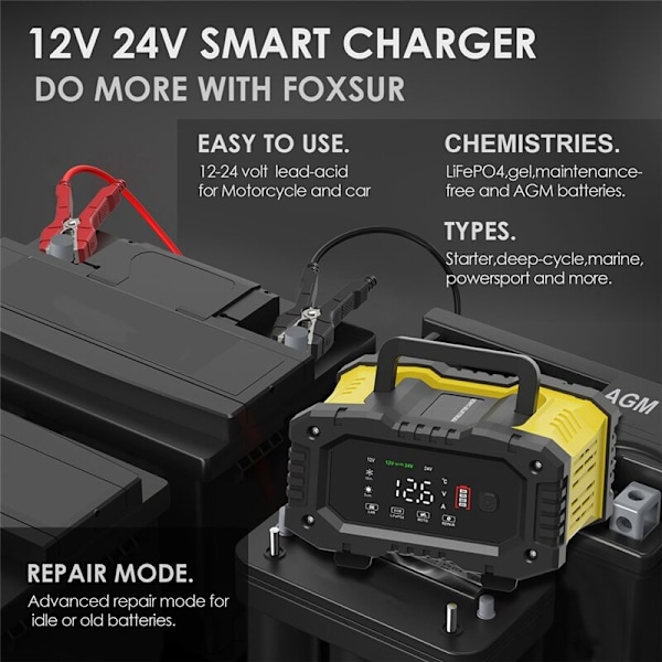 12V24V Fullautomatisk 10A Intelligent Lader Motorsykkel Bilbatteri Bærbar Høy Effekt for Lading EU-plugg