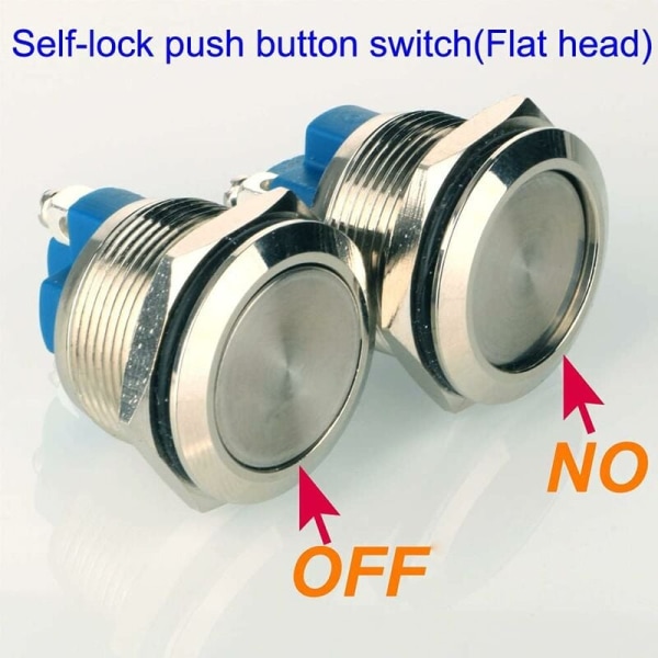 4 stk. 22mm 5A/12V/24V/125V/250V vandtæt trykknap med skrueklemmer i rustfrit stål (fladt hoved)