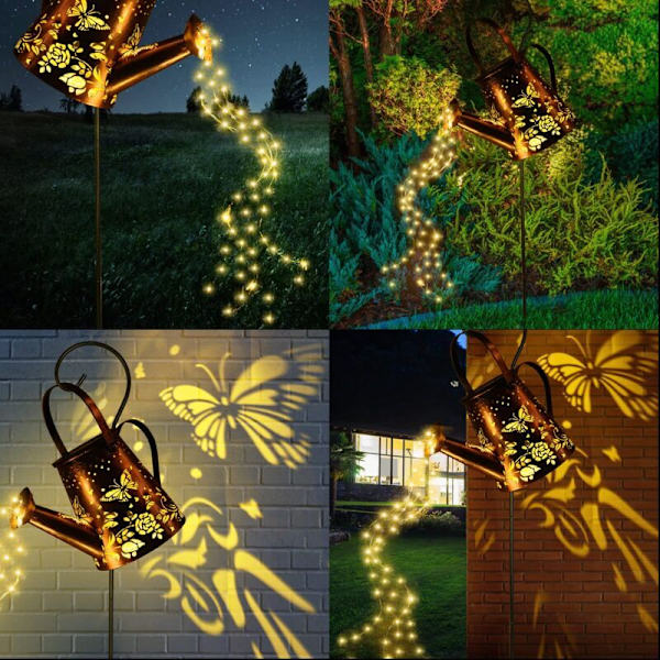 Solcelled Vannkanne Lys, Solcelled Vannkanne med Lyslenke, Vanntett Metalllamper med Stativ, LED Uteluftslys for Sti/Hage/Patio