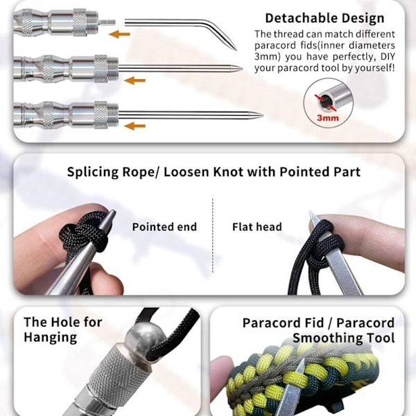 Paracord-knuteverktøy, snøringnåler, DIY, veving, sy- og glattingverktøy, sølv