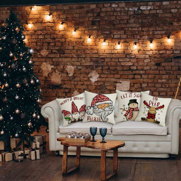 Julepuderbetræk 45x45cm, Sæt af 4 Juledekorationssofaer i Bomuld og Hør Jul til Sofa Seng Soveværelse Stol Have-Retro Jul