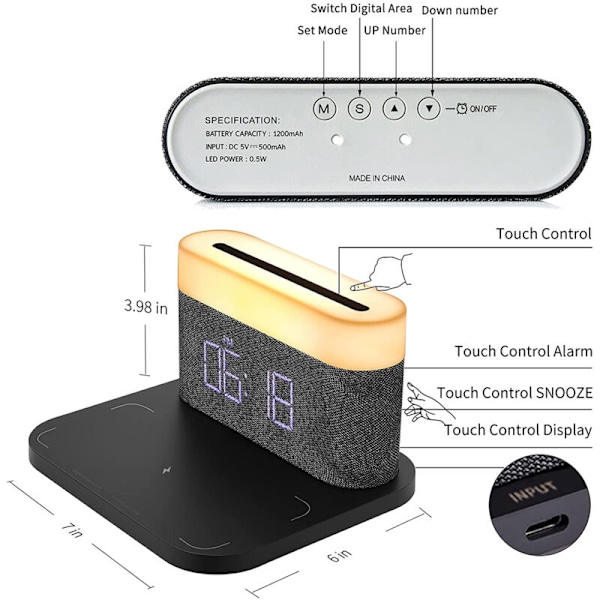 Digital vækkeur med LED-lys 15W Max Ladningsfri Touch-natlampe Justerbar lysstyrke 5-100%