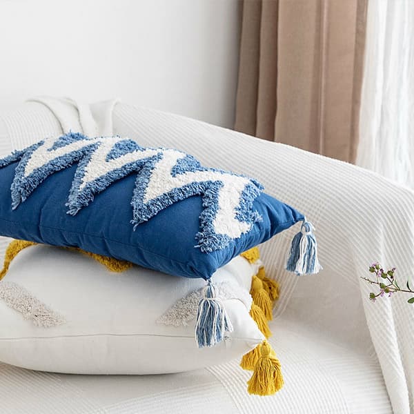 Kuddöverdrag Boho Modern Tribal Decor Blå Tuftad Frans Tofs Dekorationskudde Överdrag för Sovrum Soffa Bil-Fyrkantig Blå