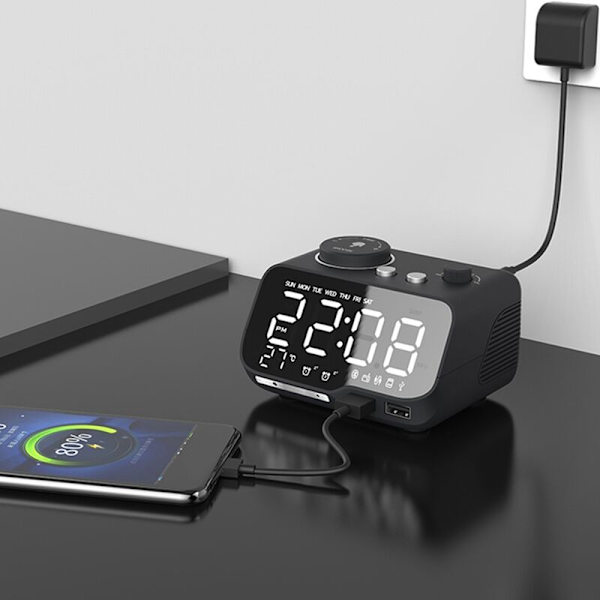 Digital väckarklocka Bluetooth-högtalare FM-radio Temperatur Ljusstyrka Dimmer Timer Klocka Svart-EU-kontakt