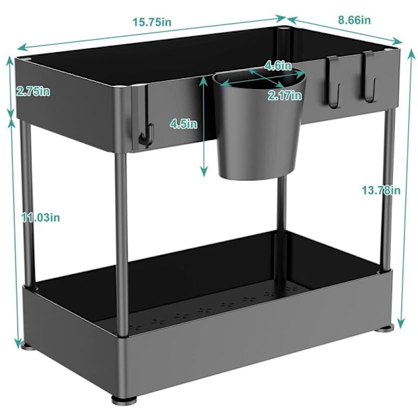 Under Sink Organiser & Opbevaring, Under Sink Badeværelses Organiser, 2-Tier Organiser med 4 Kroge, Under Sink Badeværelse