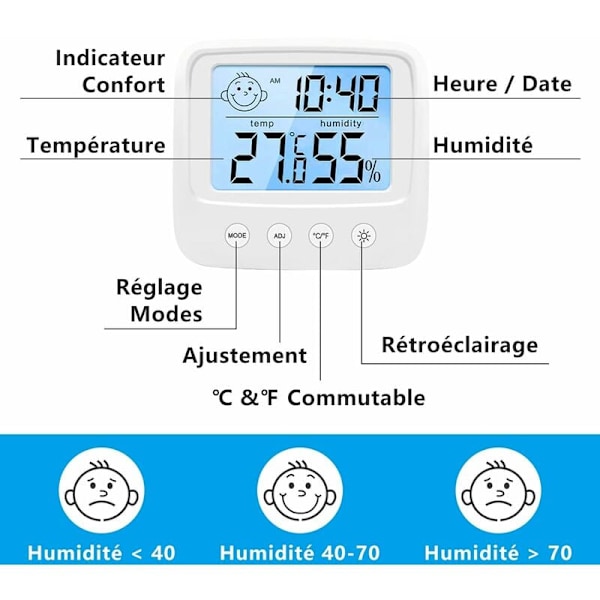 Termometer hygrometer inomhus, fuktighetssensor inomhus väderstation, intelligent bakgrundsbelysning, klocka, datum, ℃/℉ omkopplingsbar, hemtermometer hygromet