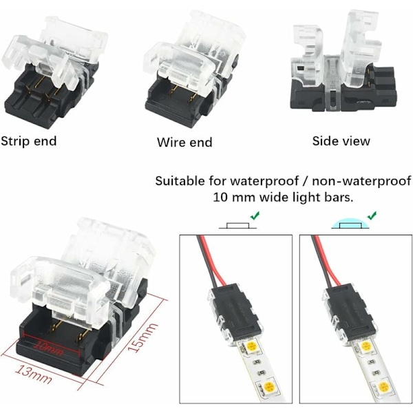 2-polet LED-Stripsforbindelse, Pakke med 10 2-polet LED-Stripsforbindelse til 10mm SMD 5050/3528 LED-Strips Enkeltfarvet Vandafvisende og Ikke-vandafvisende