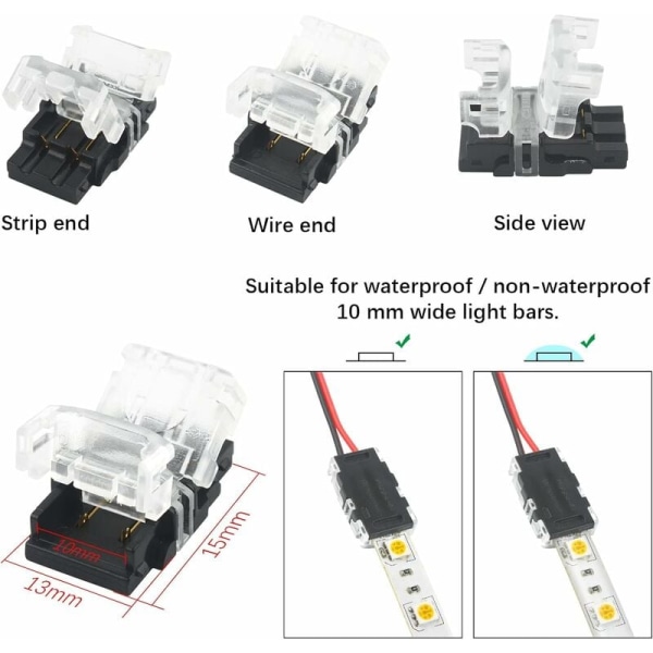 2-stifts LED-remsanslutning, 10-pack 2-stifts LED-remsanslutning för 10 mm SMD 5050/3528 LED-remsa enfärgad vattentät och icke-vattentät