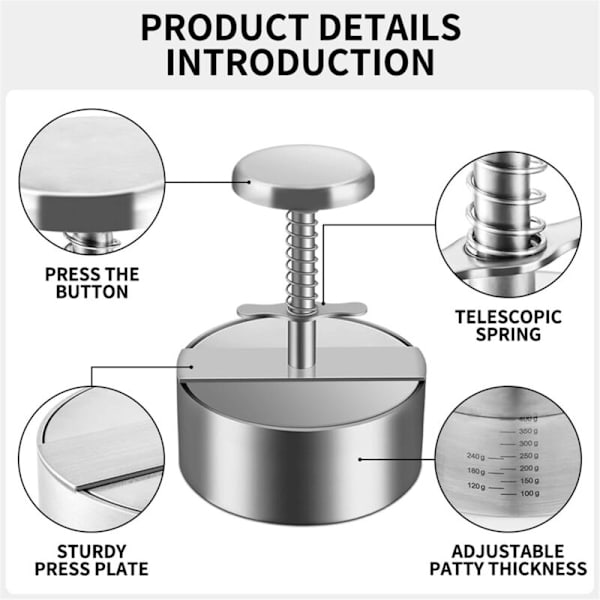 Hamburgerpresse, Rund Hamburger Patty Maskin, Justerbar Rustfritt Stål Non-Stick for BBQ