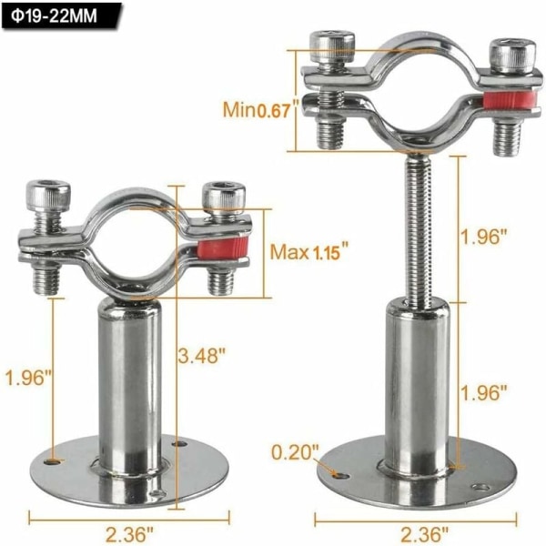 4 stk rustfritt stål veggbrakett for 19-22mm rørdiameter, justerbare rørstøtteklemmer i rustfritt stål