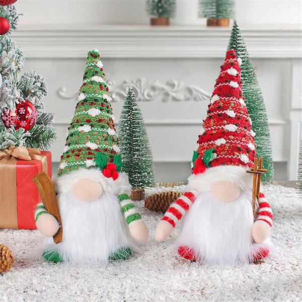 Juledukke Slæde Elf Ski Gnome med LED Lys Rudolph Julepynt til Julegaver Nytår 29 cm Grøn