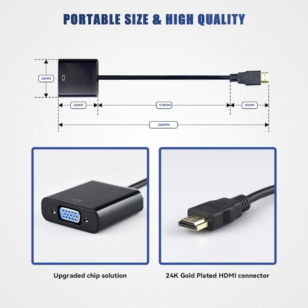 till VGA HDMI till VGA-adapter 1080P, HDMI VGA med laddning (ström) Micro USB och 3,5 mm ljudutgångsjackportar för Macbook, bärbar dator, Apple TV, TV-box (