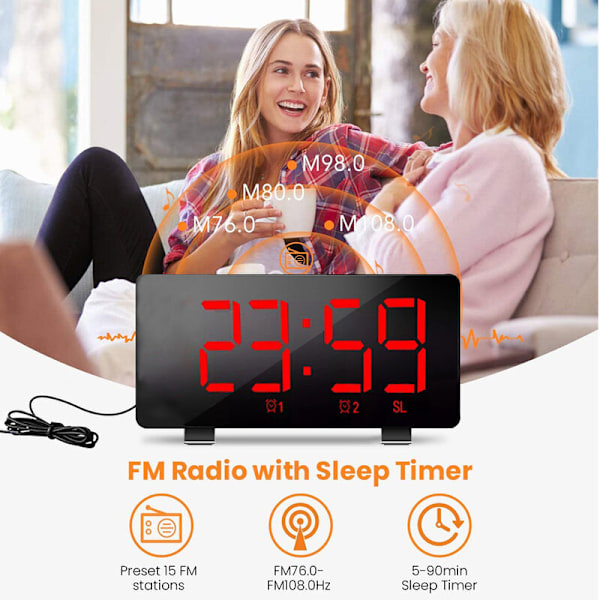Digital väckarklocka, väckarklockor för sovrum med FM-radio, dubbla larm, 6'' LED-skärm, USB-port för laddning, 4 ljusstyrkor, 12/24H, automatisk dimmer