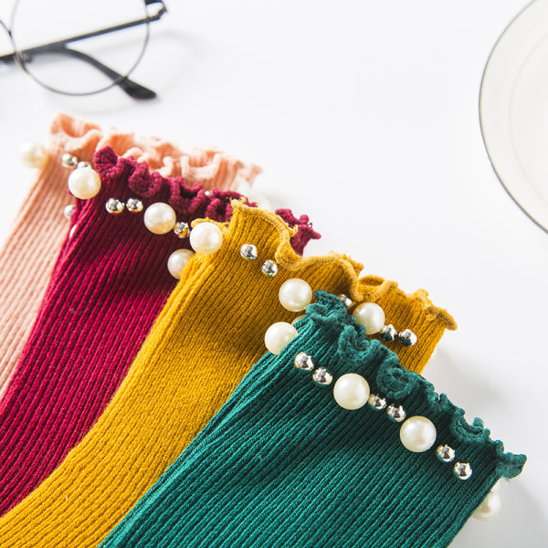 4 par søte perlesokker, lave sokker, ensfarget uformelle stripete elastiske sokker